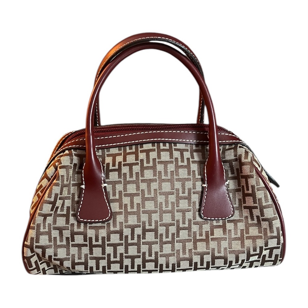 RARE Vintage Tommy Hilfiger Monogram Tan, Brown & Burgundy Y2K Mini Barrel Bag